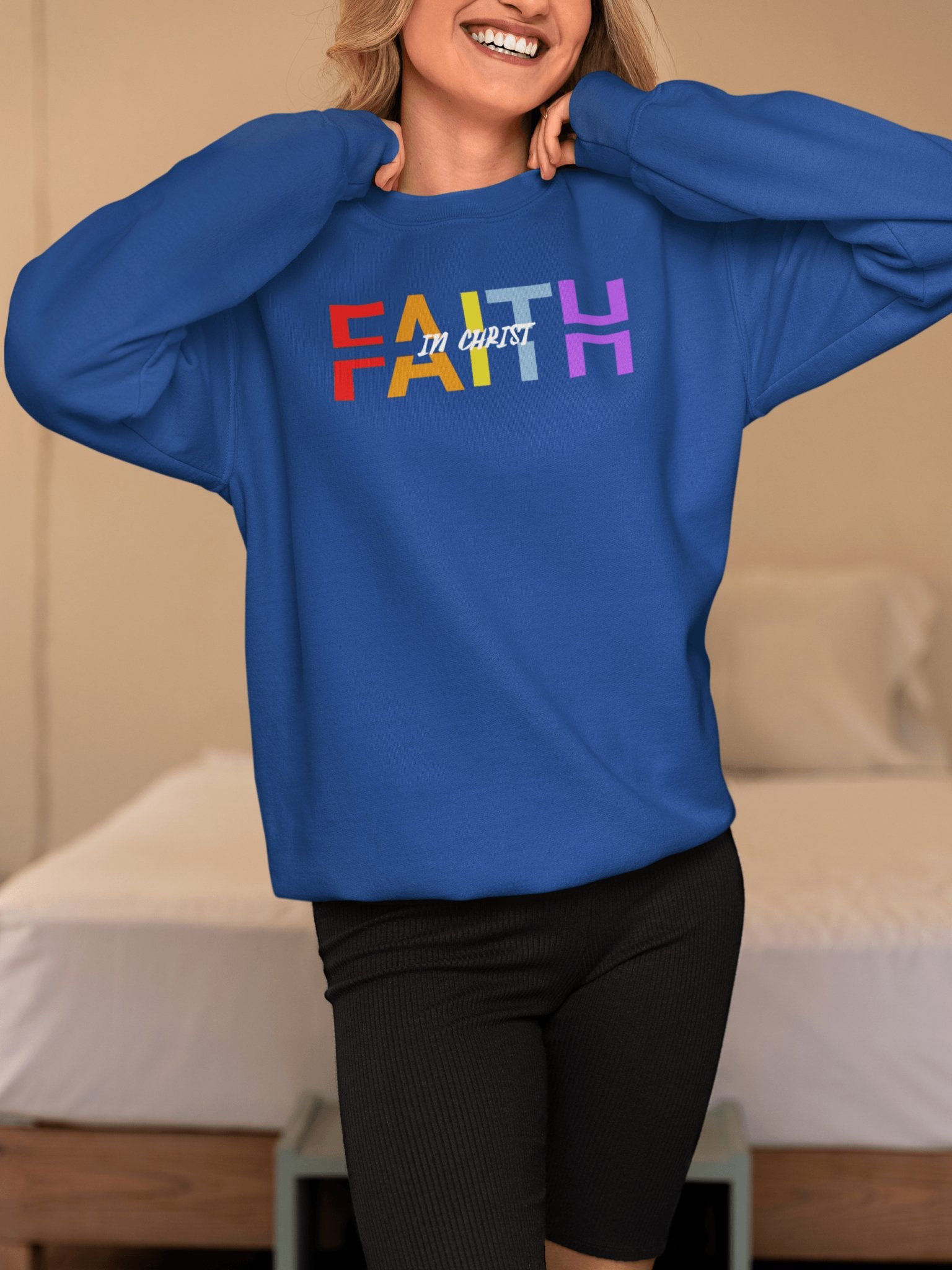 Faith in Christ Crewneck Sweatshirt - Stylish Colorful Divided Text Design - Encore2woSRoyal