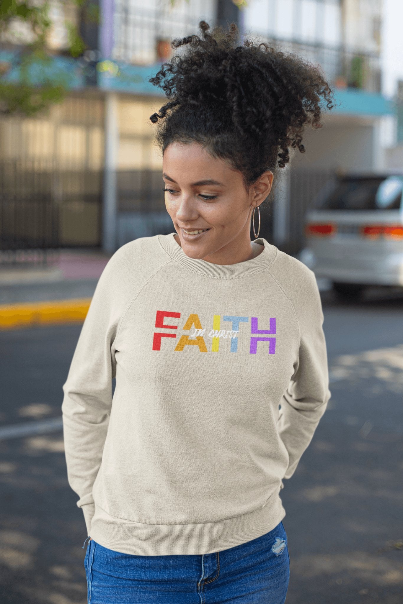 Faith in Christ Crewneck Sweatshirt - Stylish Colorful Divided Text Design - Encore2woSRoyal