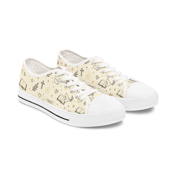 Faith-Inspired Women's Low Top Sneakers — Grace Trust Faith Dove & Cross Pattern - Encore2woUS 5.5White sole