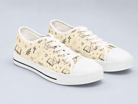 Faith-Inspired Women's Low Top Sneakers — Grace Trust Faith Dove & Cross Pattern - Encore2woUS 5.5White sole