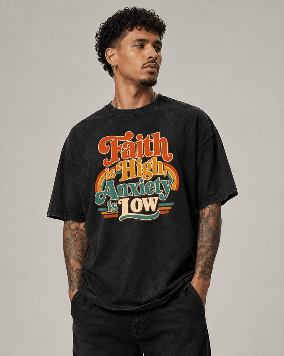 Faith Is High, Anxiety Is Low Retro Oversized Snow Washed Cotton T-Shirt - Encore2woKhaki AshS