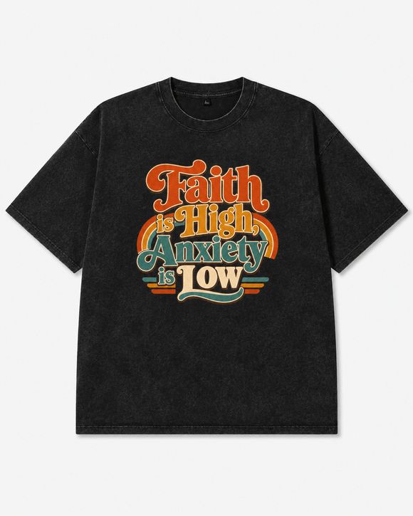 Faith Is High, Anxiety Is Low Retro Oversized Snow Washed Cotton T-Shirt - Encore2woKhaki AshS