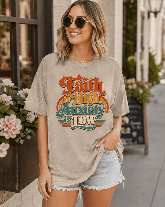 Faith Is High, Anxiety Is Low Retro Oversized Snow Washed Cotton T-Shirt - Encore2woKhaki AshS
