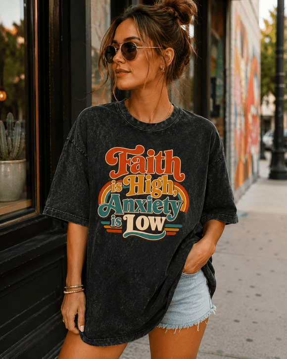 Faith Is High, Anxiety Is Low Retro Oversized Snow Washed Cotton T-Shirt - Encore2woKhaki AshS
