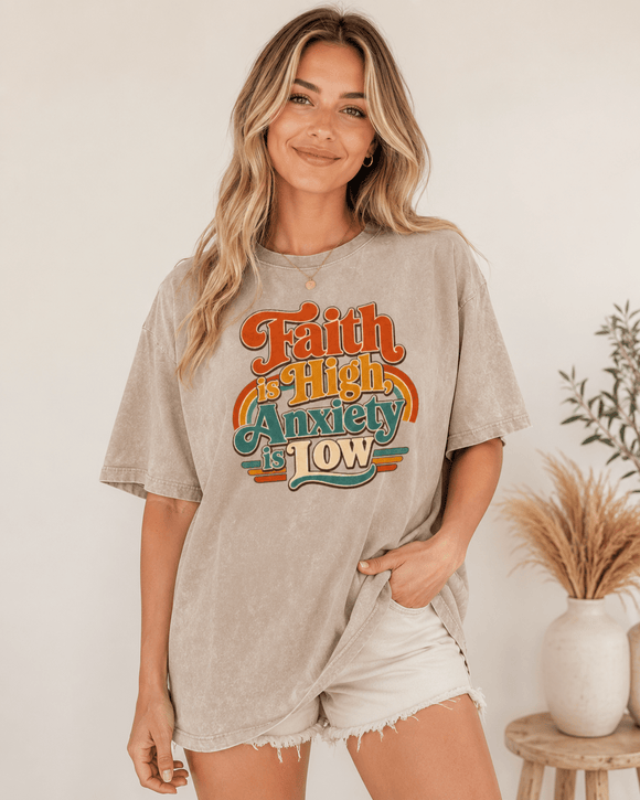 Faith Is High, Anxiety Is Low Retro Oversized Snow Washed Cotton T-Shirt - Encore2woKhaki AshS