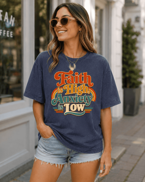 Faith Is High, Anxiety Is Low Retro Oversized Snow Washed Cotton T-Shirt - Encore2woKhaki AshS