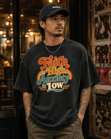 Faith Is High, Anxiety Is Low Retro Oversized Snow Washed Cotton T-Shirt - Encore2woKhaki AshS