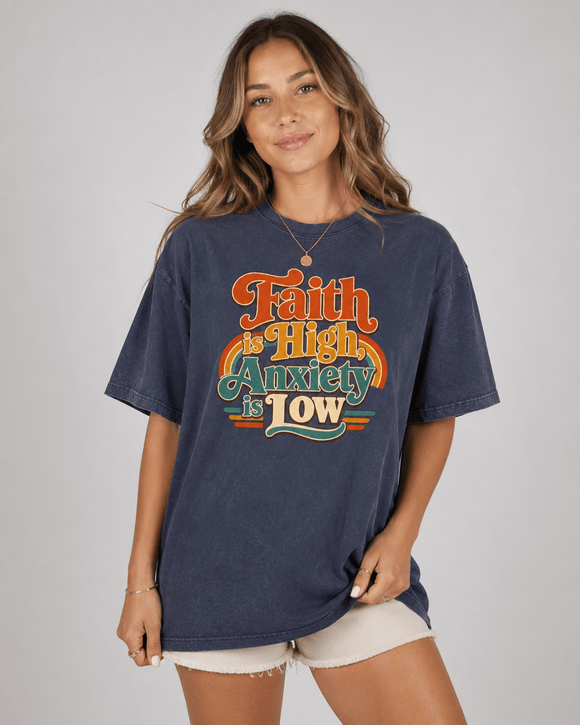 Faith Is High, Anxiety Is Low Retro Oversized Snow Washed Cotton T-Shirt - Encore2woKhaki AshS
