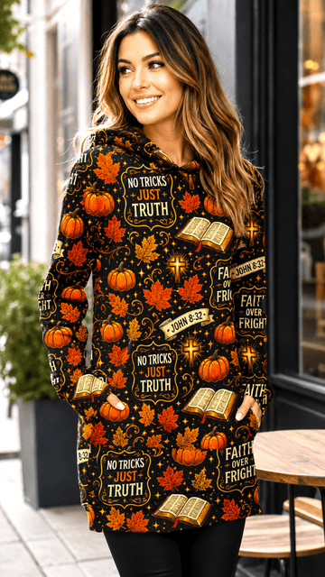 Faith Over Fright Hoodie Dress – Women's Christian Fall Harvest Pumpkin Pullover - Encore2woXS