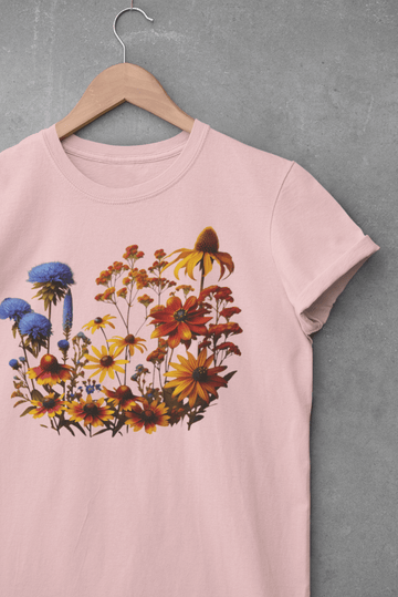 Fall Blooming Flowers Graphic Tee Vibrant Floral Casual Shirt - Encore2woBlackS