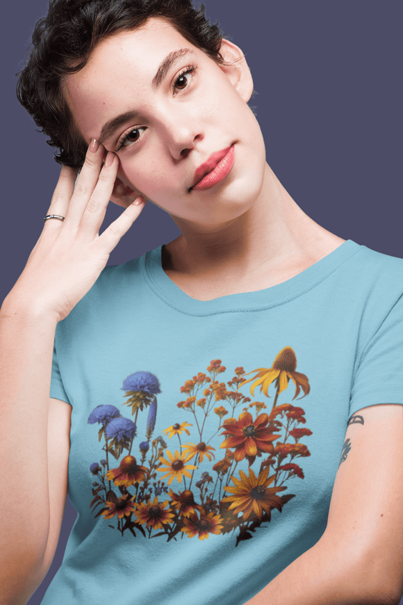 Fall Blooming Flowers Graphic Tee Vibrant Floral Casual Shirt - Encore2woYellowS