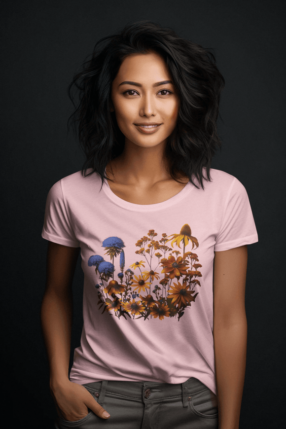 Fall Blooming Flowers Graphic Tee Vibrant Floral Casual Shirt - Encore2woYellowS