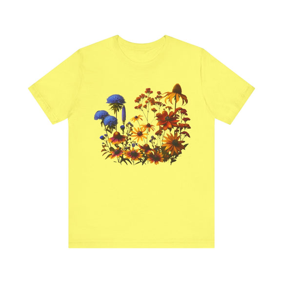 Fall Blooming Flowers T-Shirt - Featuring New England Aster, Helenium, Goldenrod, Geum, and Black - Eyed Susan - Encore2woYellowS