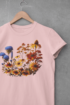 Fall Blooming Flowers T-Shirt - Featuring New England Aster, Helenium, Goldenrod, Geum, and Black - Eyed Susan - Encore2woBlackS