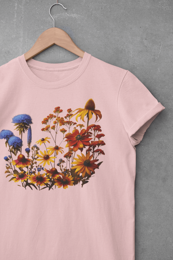Fall Blooming Flowers T-Shirt - Featuring New England Aster, Helenium, Goldenrod, Geum, and Black - Eyed Susan - Encore2woBlackS