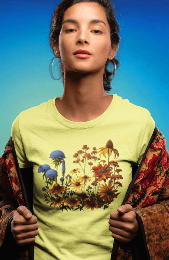 Fall Blooming Flowers T-Shirt - Featuring New England Aster, Helenium, Goldenrod, Geum, and Black - Eyed Susan - Encore2woYellowS