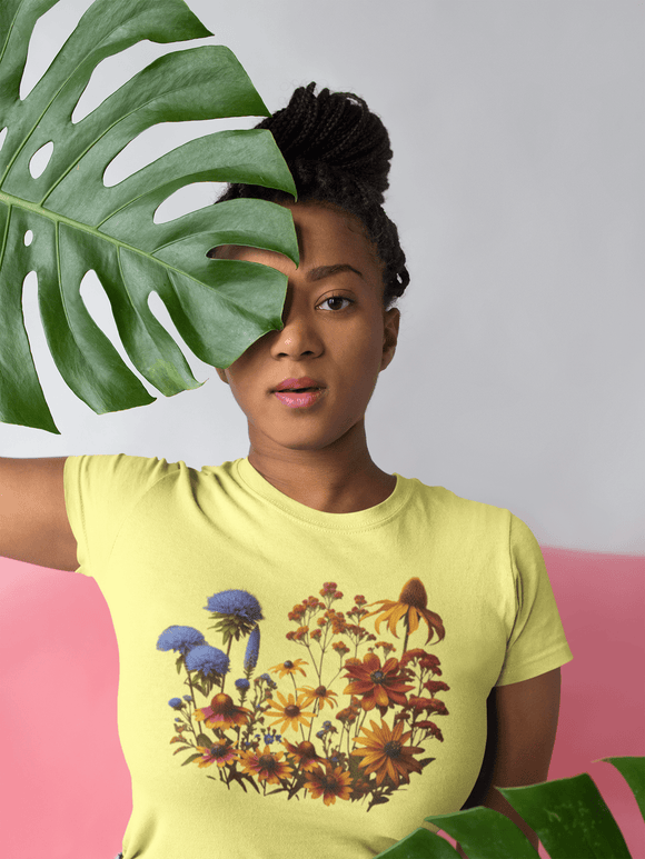 Fall Blooming Flowers T-Shirt - Featuring New England Aster, Helenium, Goldenrod, Geum, and Black - Eyed Susan - Encore2woYellowS