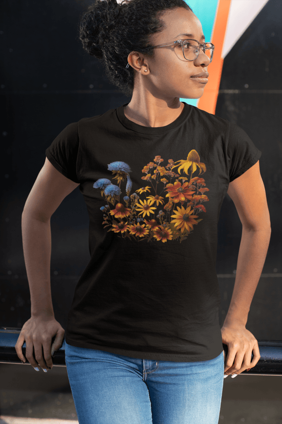 Fall Blooming Flowers T-Shirt - Featuring New England Aster, Helenium, Goldenrod, Geum, and Black - Eyed Susan - Encore2woYellowS