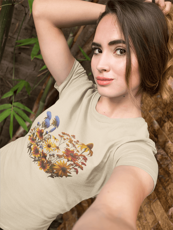 Fall Blooming Flowers T-Shirt - Featuring New England Aster, Helenium, Goldenrod, Geum, and Black - Eyed Susan - Encore2woYellowS