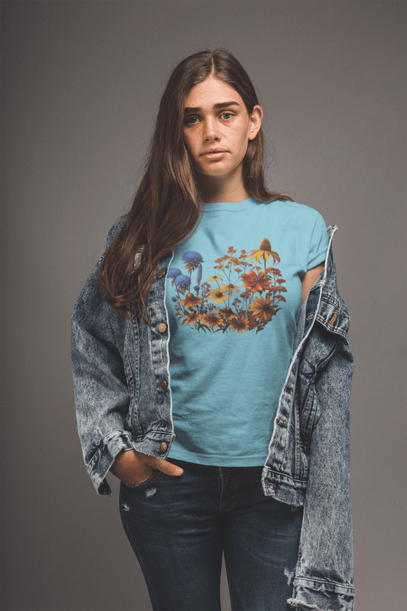 Fall Blooming Flowers T-Shirt - Featuring New England Aster, Helenium, Goldenrod, Geum, and Black - Eyed Susan - Encore2woYellowS