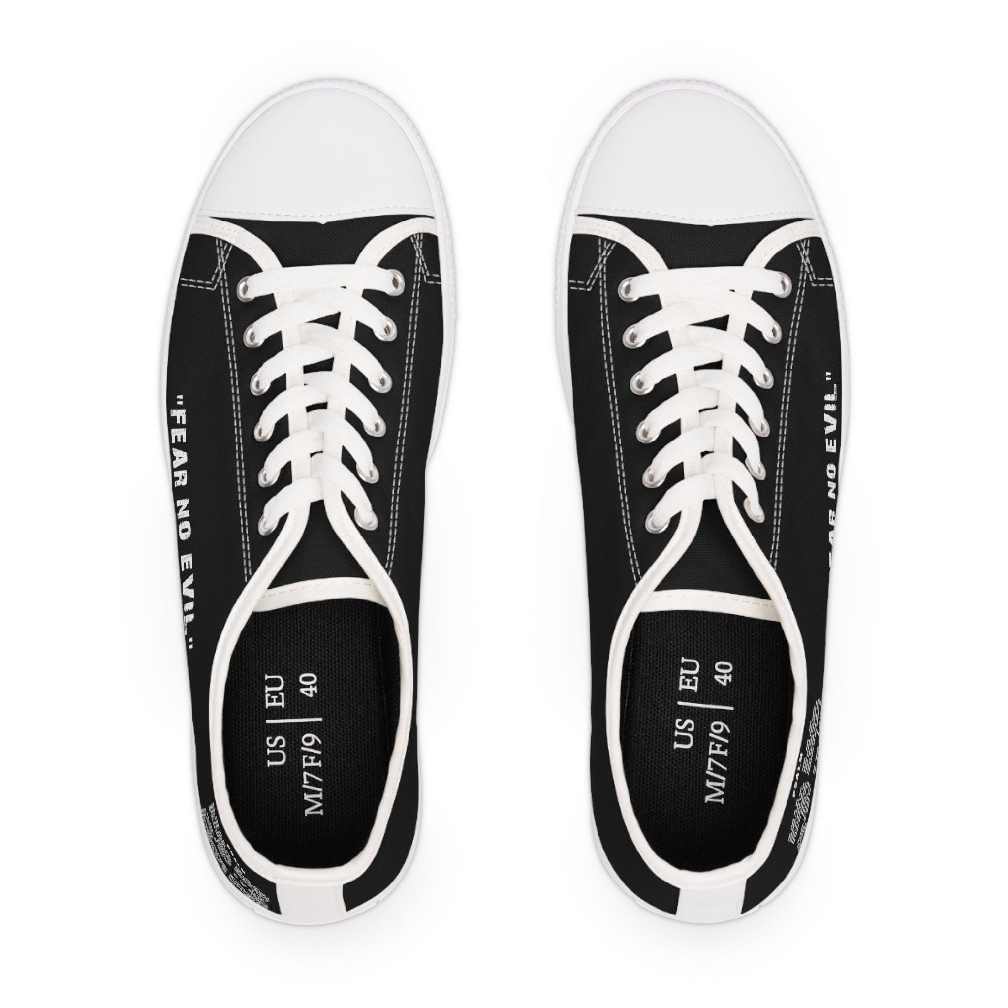 Fear No Evil Sneakers | Psalm 23 Logo | Women's Black Low Tops - Encore2woUS 5.5White sole