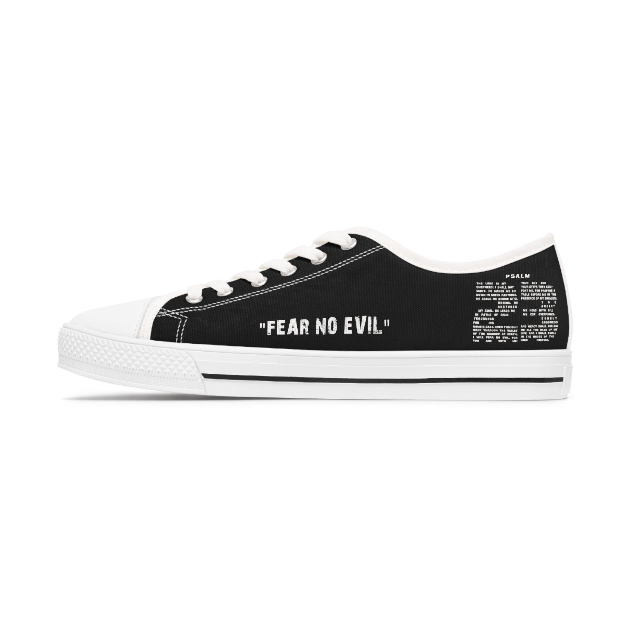 Fear No Evil Sneakers | Psalm 23 Logo | Women's Black Low Tops - Encore2woUS 5.5White sole