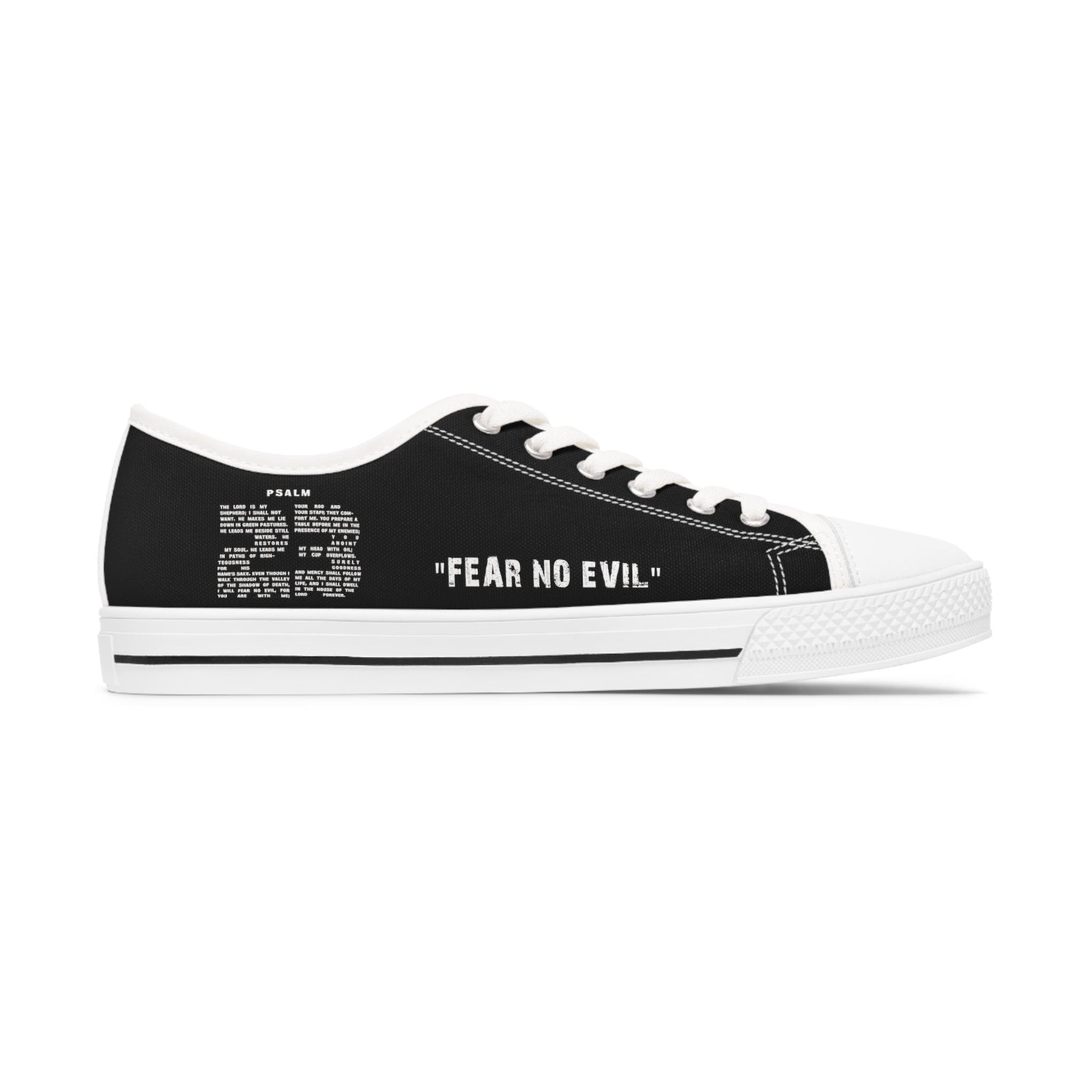 Fear No Evil Sneakers | Psalm 23 Logo | Women's Black Low Tops - Encore2woUS 5.5White sole