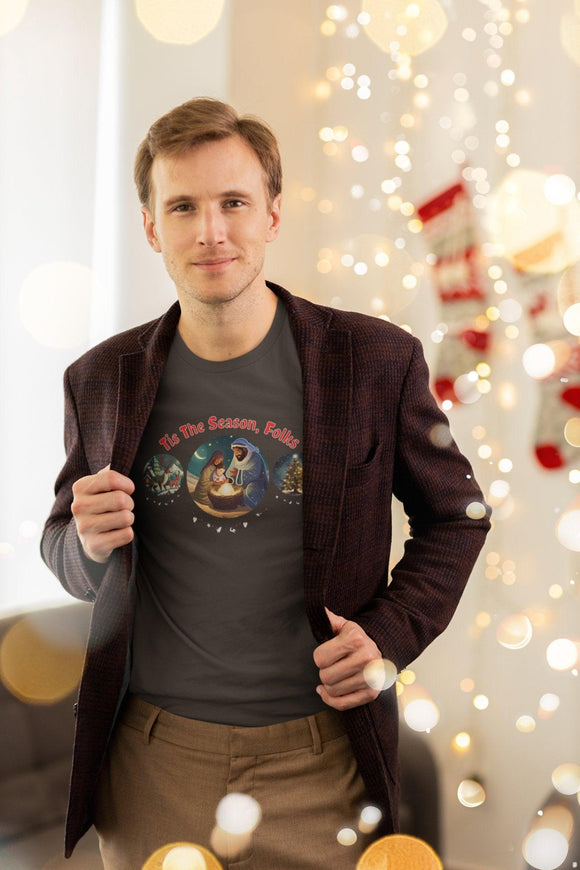 Festive 'Tis the Season Folks' Holiday Christmas T-Shirt Unisex - Encore2woBlackS