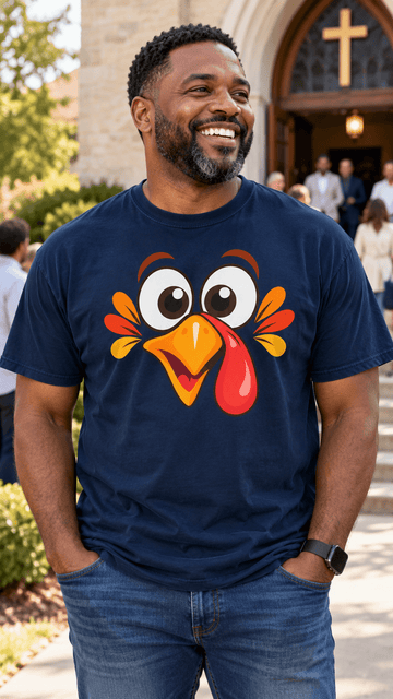 Funny Turkey Face Thanksgiving T-Shirt | Comfort Colors 1717 - Encore2woSNavy