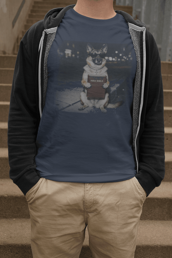 German Shepherd Night Photo Tee - Dog Portrait Graphic T-Shirt - Christian Dog Lover Tee - Encore2woNavyS