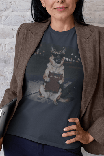 German Shepherd Night Photo Tee - Dog Portrait Graphic T-Shirt - Christian Dog Lover Tee - Encore2woBlackS