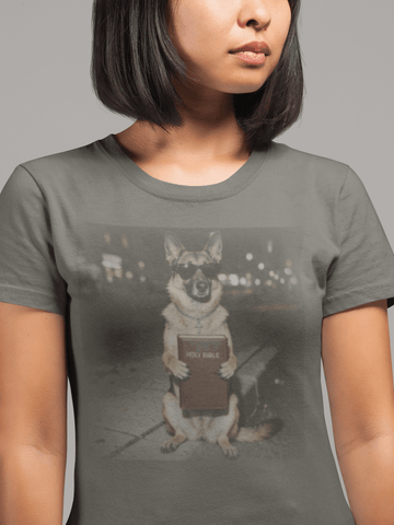 German Shepherd Night Photo Tee - Dog Portrait Graphic T-Shirt - Christian Dog Lover Tee - Encore2woPepperS