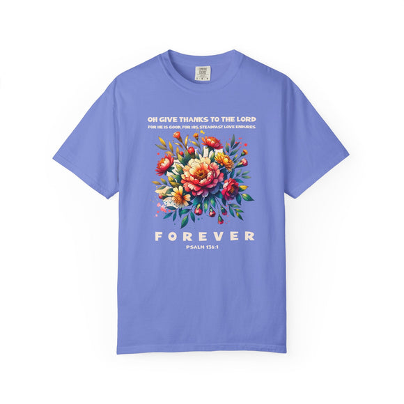 Give Thanks to the Lord Boho Floral Christian Graphic Tee - Encore2woFlo BlueS