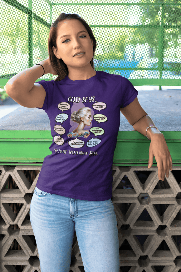 God Says Biblical Affirmations Graphic Tee Inspirational Christian Shirt - Encore2woWhiteS