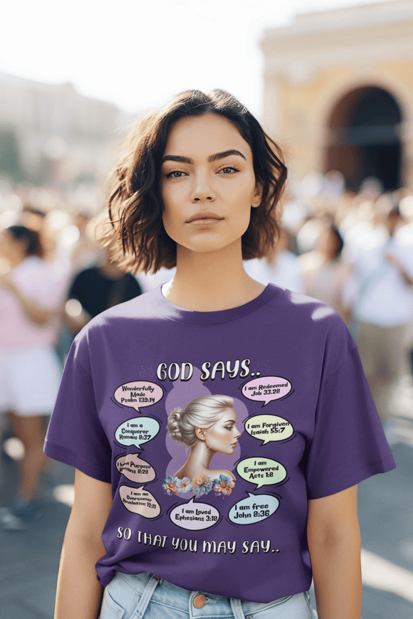 God Says Biblical Affirmations Graphic Tee Inspirational Christian Shirt - Encore2woWhiteS