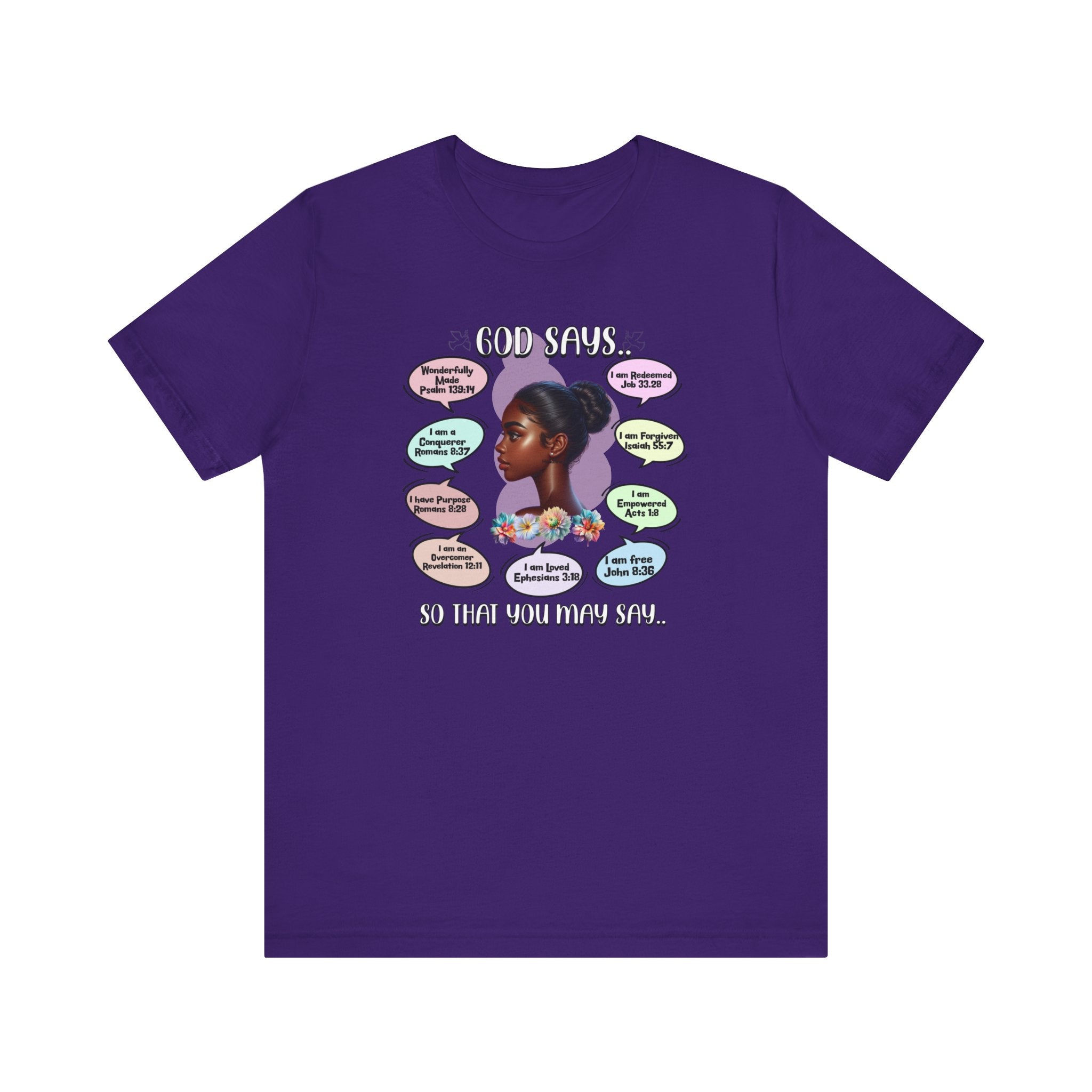 God Says, So That You May Say T-Shirt - Biblical Affirmations Design for Women of Color - Encore2woTeam PurpleS