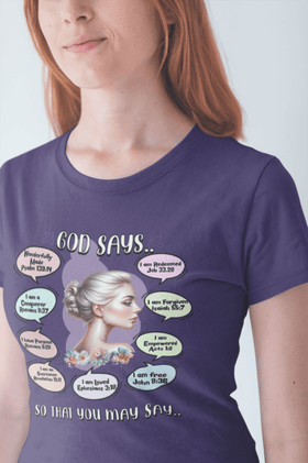 "God Says" T-Shirt - Biblical Affirmations Illustration designed for Woman - Encore2woBlackS