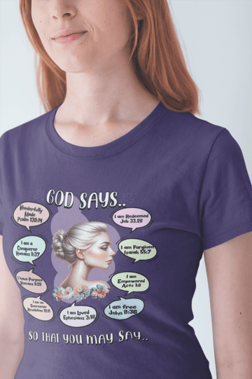 "God Says" T-Shirt - Biblical Affirmations Illustration designed for Woman - Encore2woBlackS