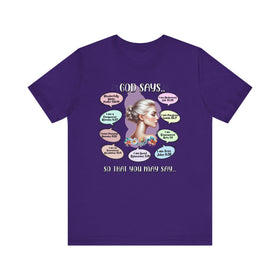 "God Says" T-Shirt - Biblical Affirmations Illustration designed for Woman - Encore2woTeam PurpleS