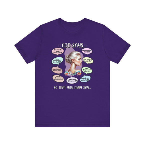 "God Says" T-Shirt - Biblical Affirmations Illustration designed for Woman - Encore2woTeam PurpleS