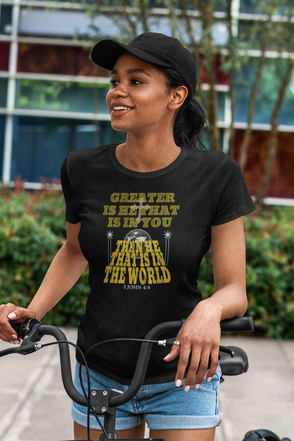 Greater Is He I John 4:4 Unisex Empowering T-Shirt - Encore2woBlackS