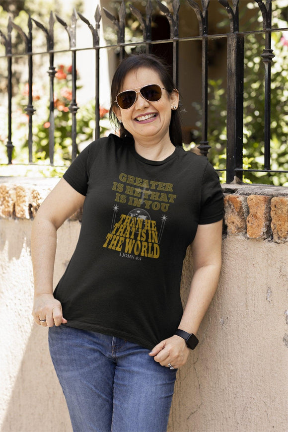 Greater Is He I John 4:4 Unisex Empowering T-Shirt - Encore2woBlackS