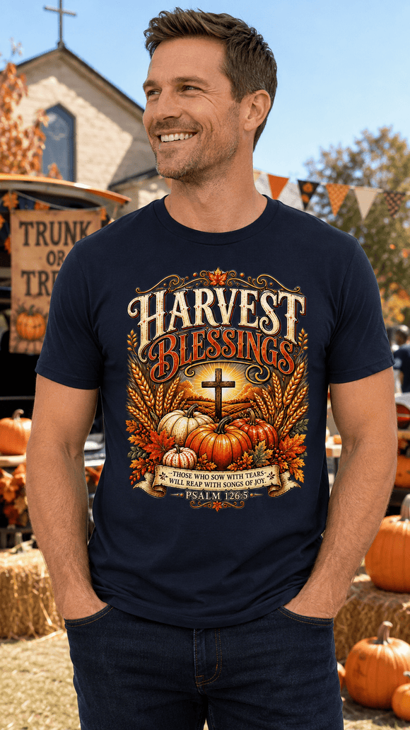 Harvest Blessings Psalm 126:5 Christian Fall T-Shirt Thanksgiving - Encore2woNavyS