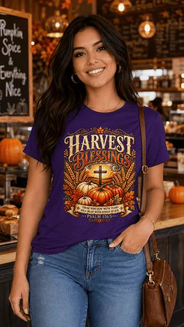 Harvest Blessings Psalm 126:5 Christian Fall T-Shirt Thanksgiving - Encore2woTeam PurpleS