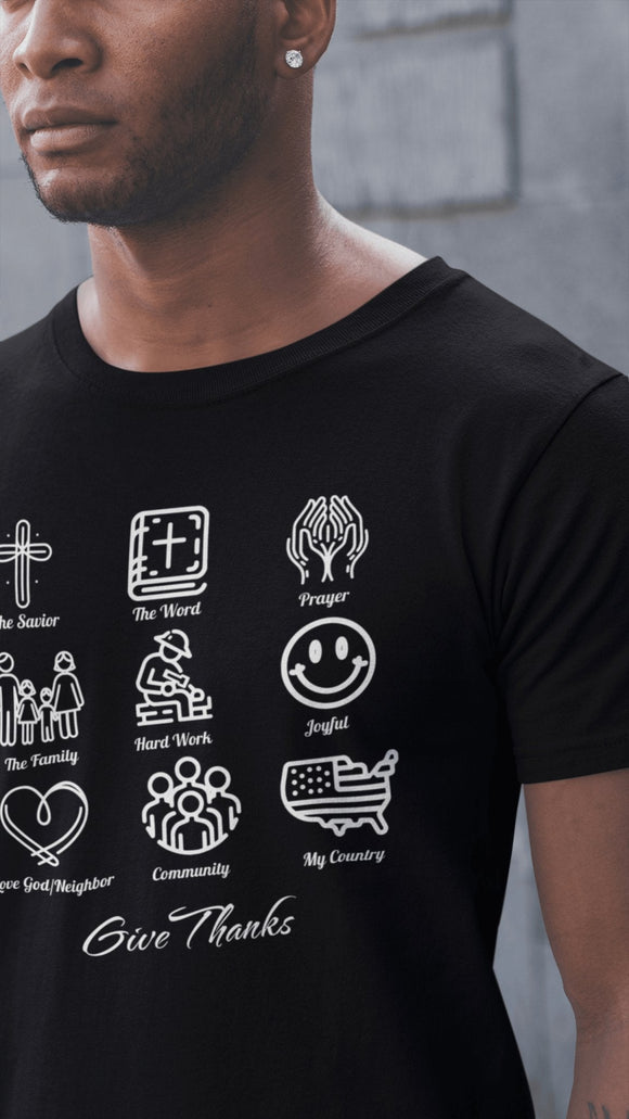 Icons of Faith and Life T-Shirt - Nine Christian Virtues and American Life Design - Encore2woAquaS