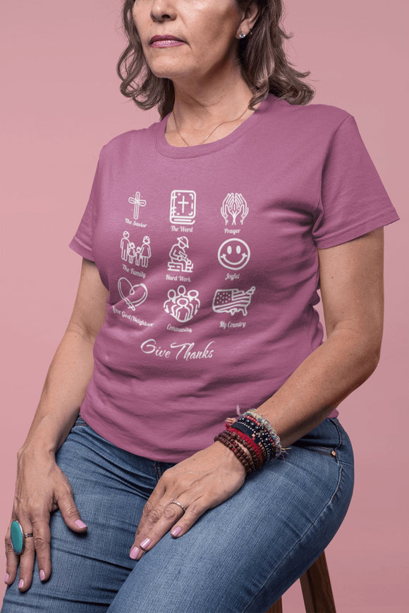 Icons of Faith and Life T-Shirt - Nine Christian Virtues and American Life Design - Encore2woAutumnS