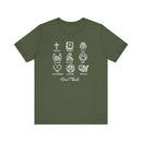 Icons of Faith and Life T-Shirt - Nine Christian Virtues and American Life Design - Encore2woMilitary GreenS