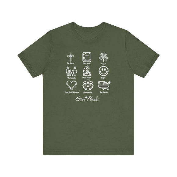 Icons of Faith and Life T-Shirt - Nine Christian Virtues and American Life Design - Encore2woMilitary GreenS