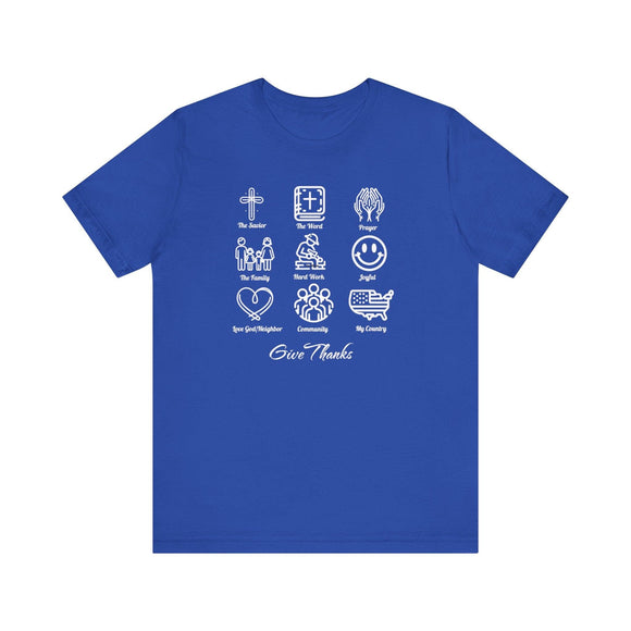 Icons of Faith and Life T-Shirt - Nine Christian Virtues and American Life Design - Encore2woTrue RoyalS
