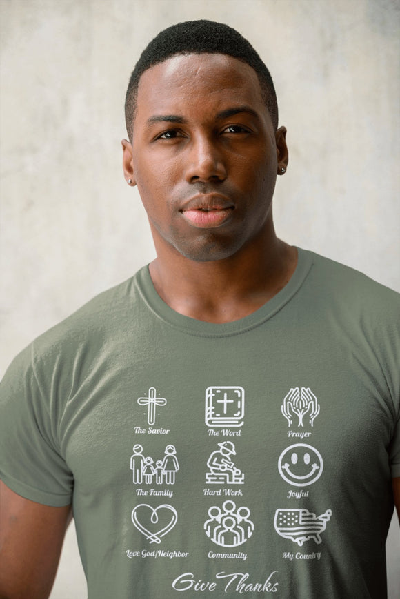 Icons of Faith and Life T-Shirt - Nine Christian Virtues and American Life Design - Encore2woAutumnS